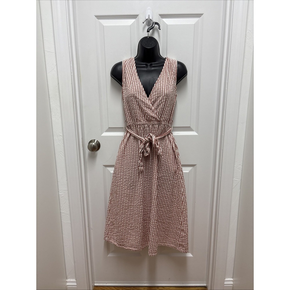 Women's Sleeveless Wrap‎ Dress Red White Striped Midi Tie Waist Sundress
